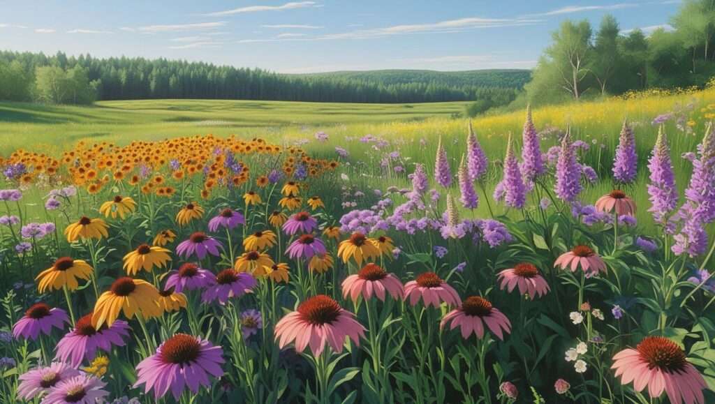 Colorful field of wildflowers including purple coneflowers, black-eyed Susans, and wild geraniums in a scenic Michigan landscape