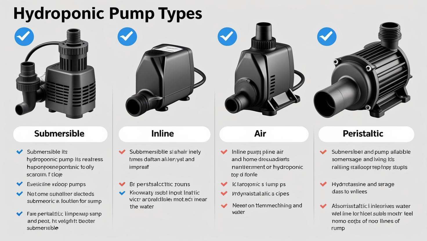 A comparison chart of the four types of hydroponics pumps (submersible, inline, air, and peristaltic), with icons or images for each type.