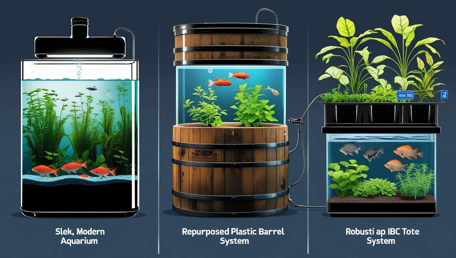  A split image showing different tank options like glass aquariums, plastic barrels, and IBC totes.