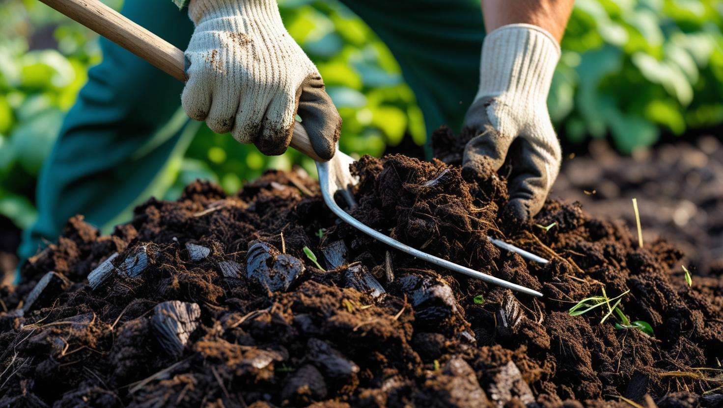 A compost pile with a gardener turning it with a pitchfork, showing the process of fixing compost issues.