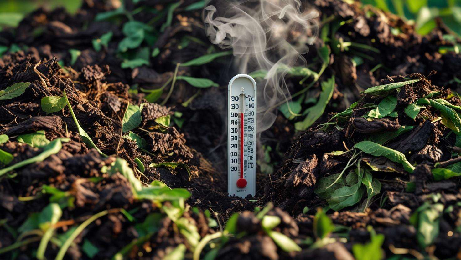  A thermometer sticking into a compost pile, indicating high temperatures for hot composting.