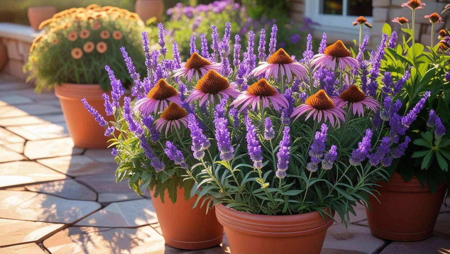 A container garden with purple wildflowers like lavender and coneflowers growing in pots on a sunny patio