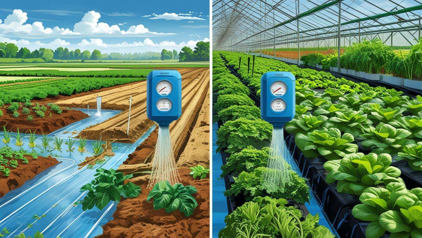 A contrast image showing traditional farming with water waste vs. greenhouse farming using efficient irrigation systems.