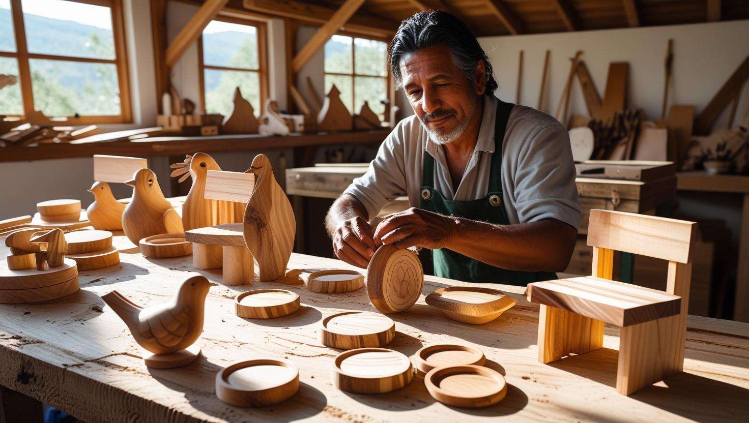 Crafting with aromatic evergreen wood, showcasing DIY projects like furniture and decor made from cedar and pine for sustainable home design.