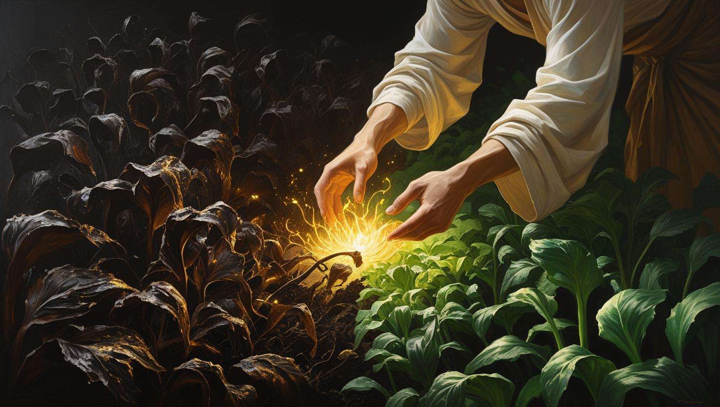 Immortal Farm System Space floating in clouds with glowing plants and golden Qi energy streams for cultivation"