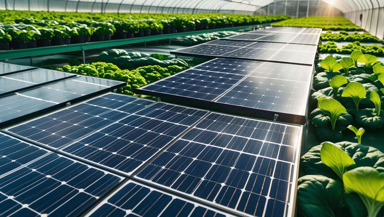 A detailed close-up of a solar panel on a greenhouse roof with sunlight hitting the photovoltaic cells, with a backdrop of crops growing inside.