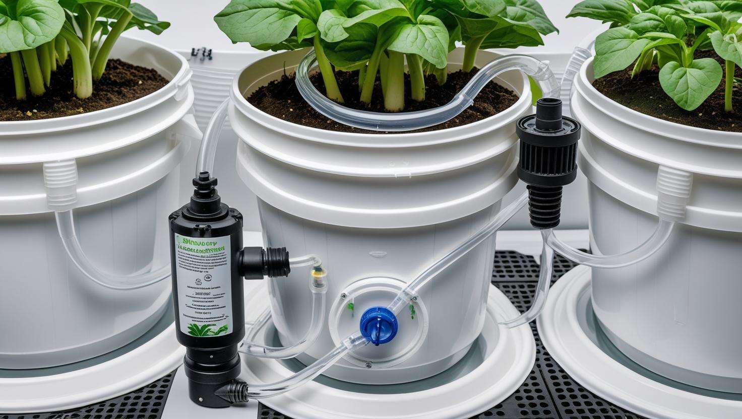 Close-up images showing high-quality buckets, the pump, tubing, air pump, and water flow controls. This could be a flat lay showing all components or a diagram with labels.