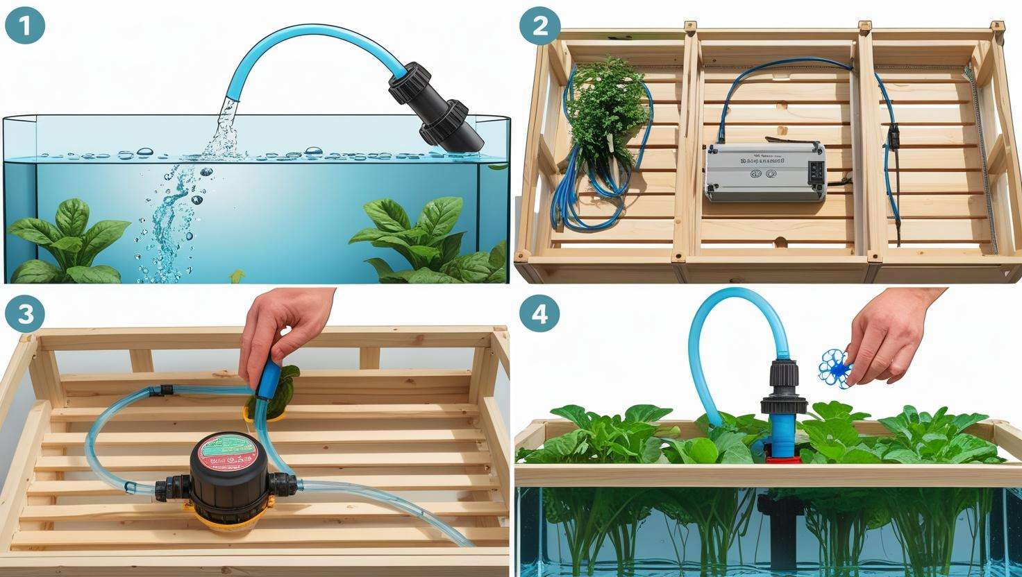  A step-by-step photo collage showing the assembly of an aquaponics system, including the fish tank, grow bed, and installation of the pump.