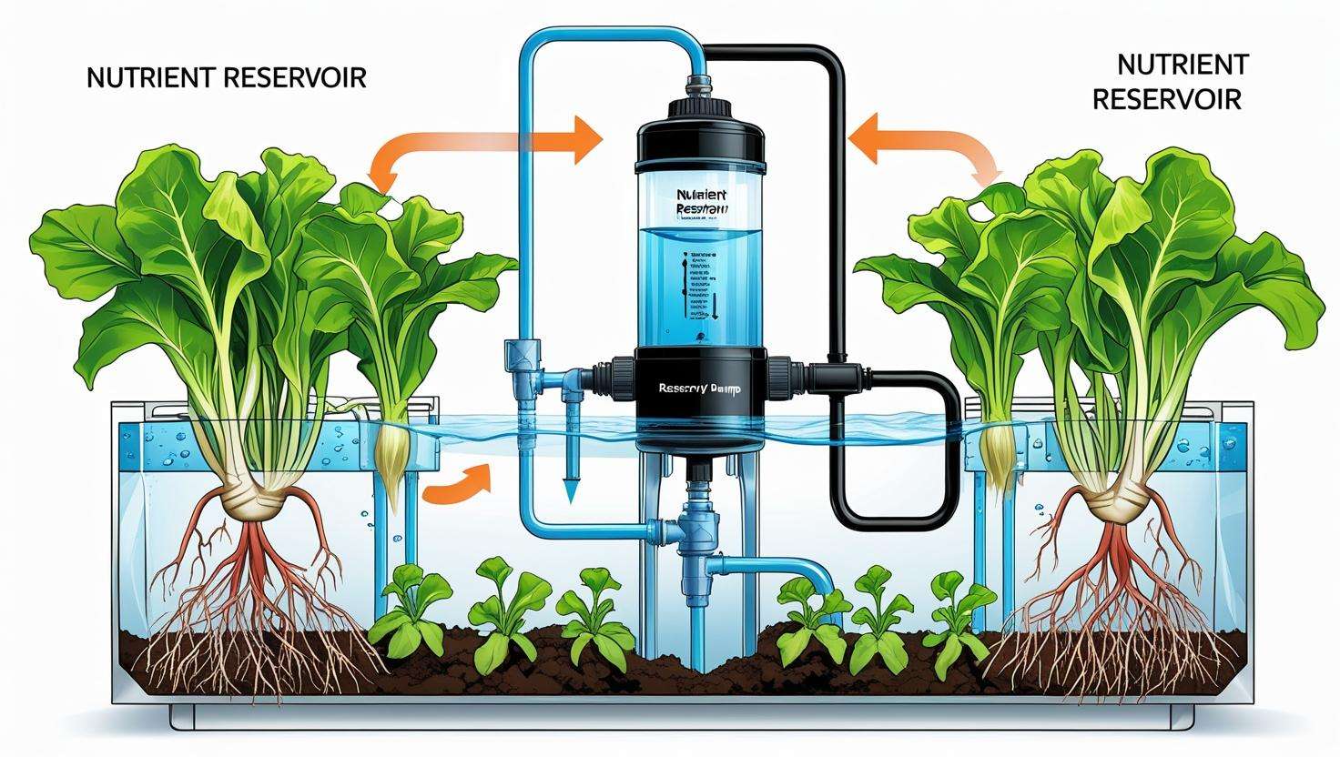 A diagram showing how a hydroponics pump works within a hydroponic system, with arrows indicating water flow from the reservoir to the plant roots