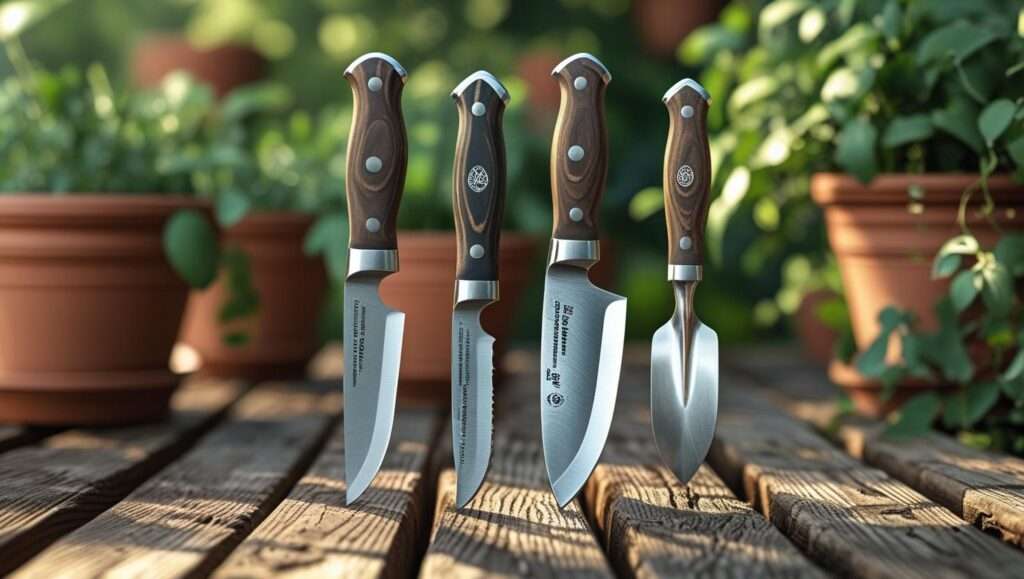 Different types of gardening knives including utility, pruning, and trowel knives displayed side by side
