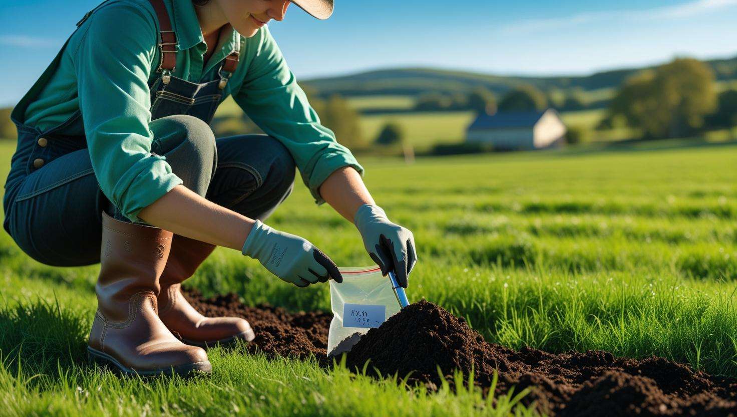  A person taking a soil sample using a probe or shovel in a field, with a small container to collect the sample.
