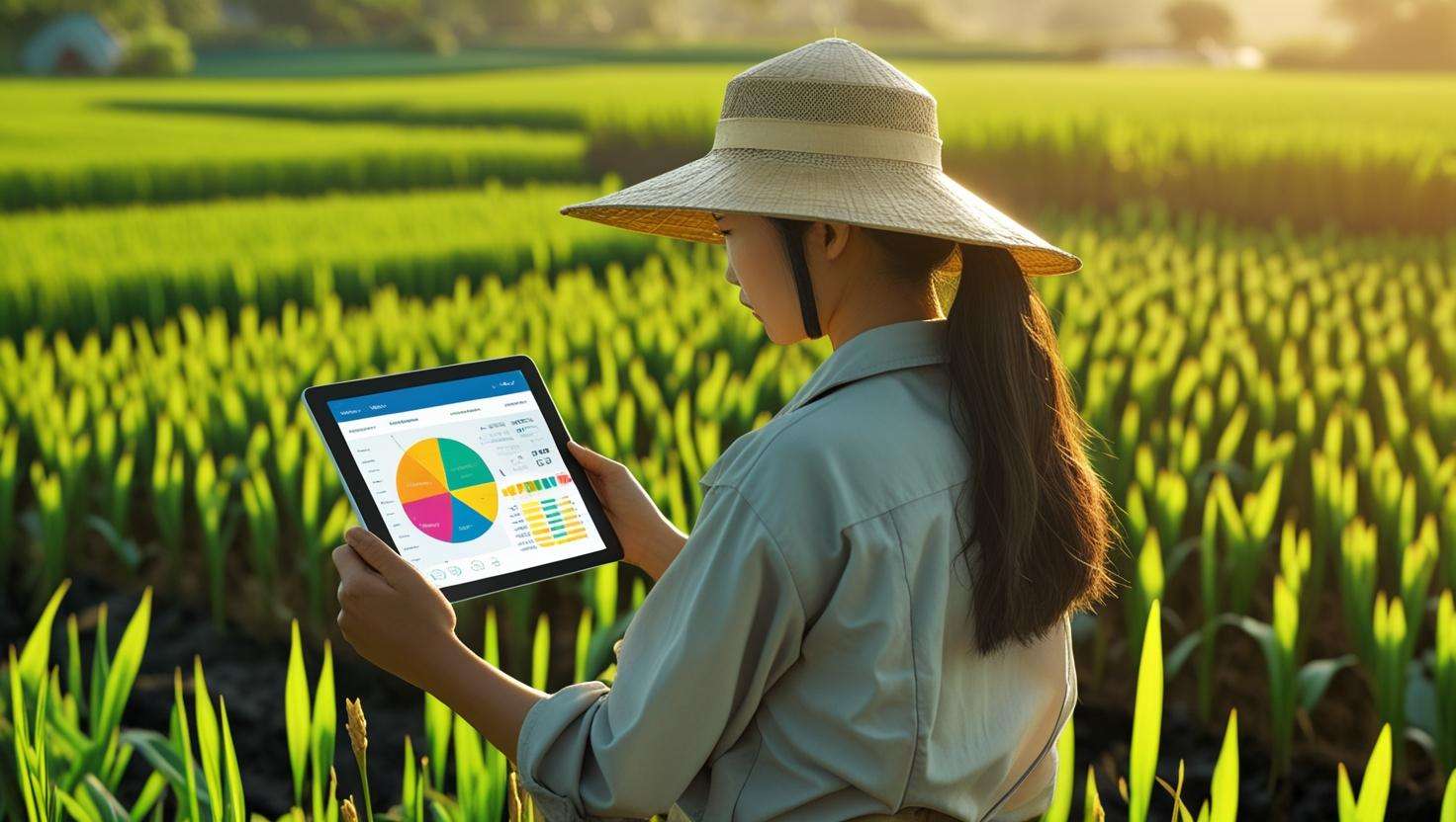  A farmer looking at a computer or mobile device showing farm data, symbolizing the transition from manual labor to tech-driven efficiency.