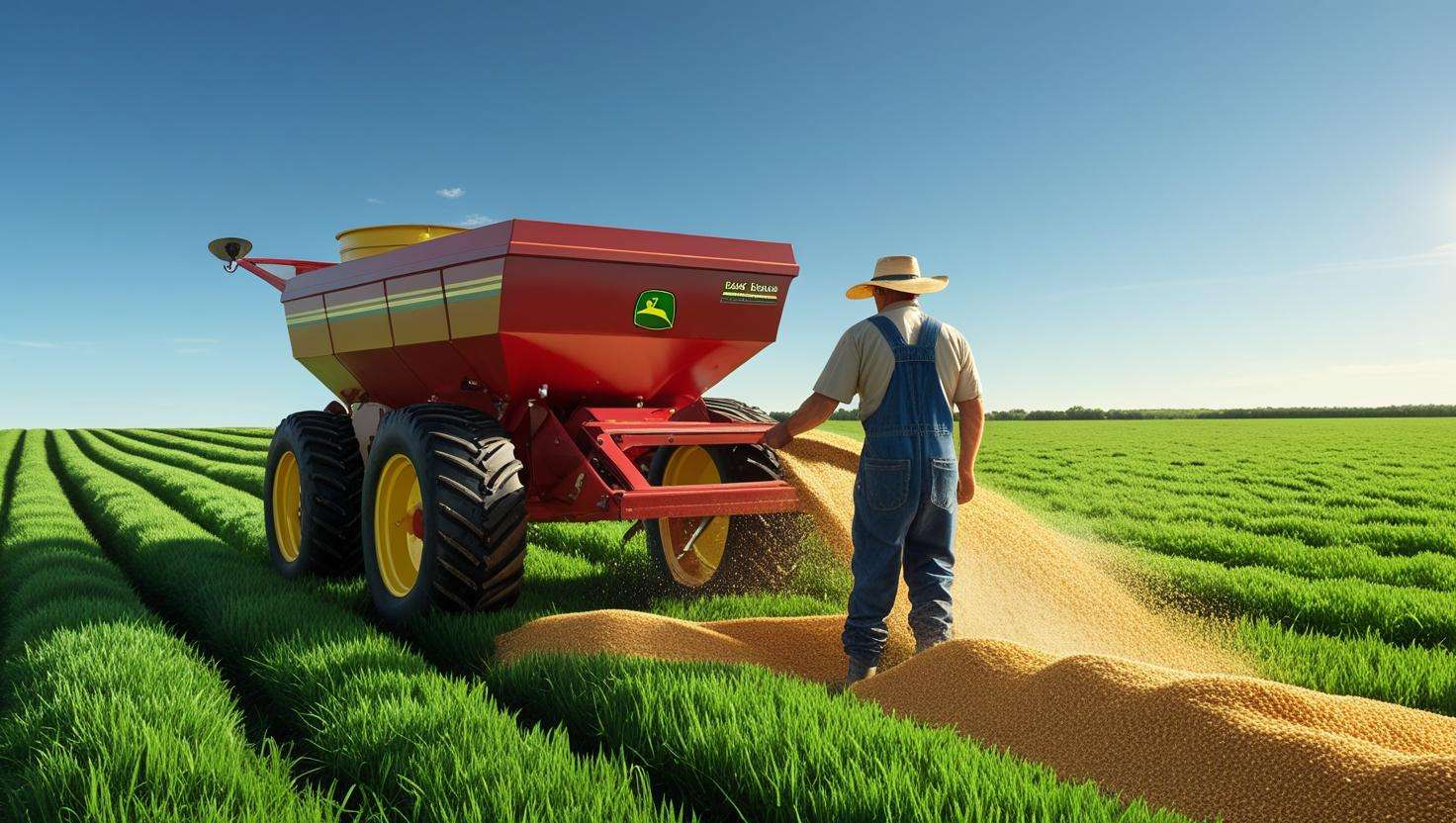  A farmer using a broadcast spreader to apply granular fertilizer on a large, open pasture.
