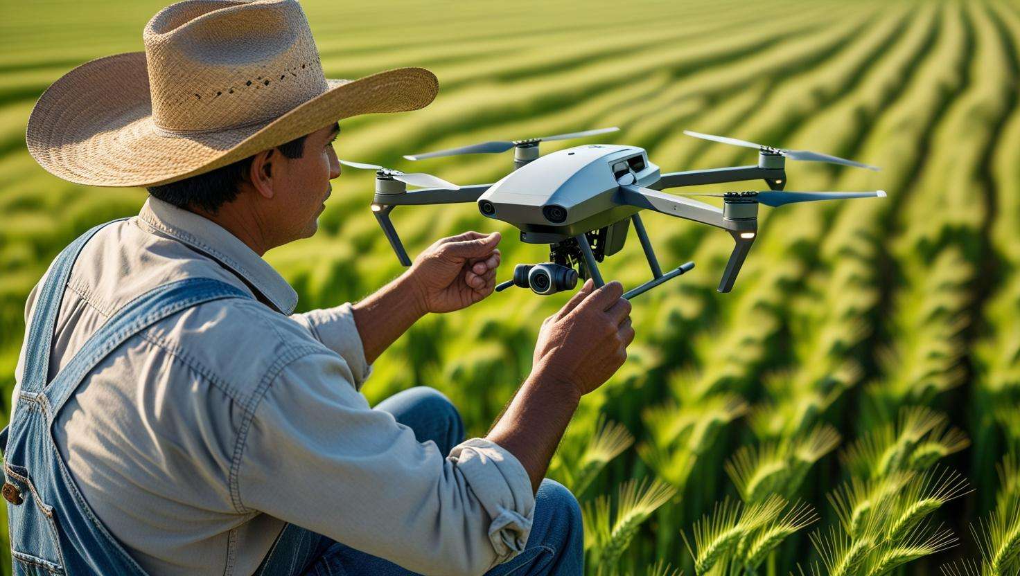 A farmer operating a drone above a field, with a view of the crops below, highlighting real-life tech integration.