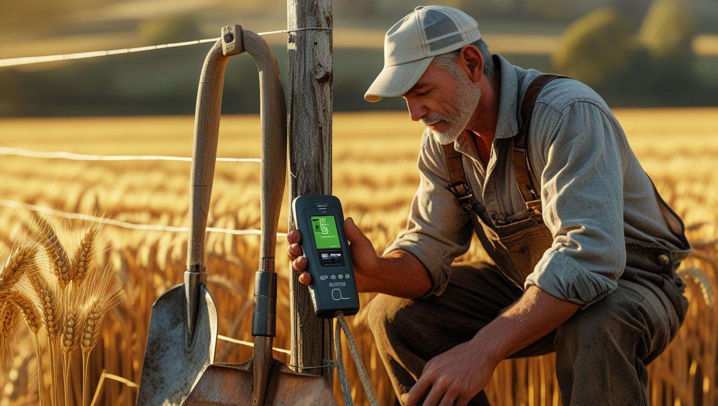  A farmer using a soil moisture sensor or checking data on a tablet in the field while using traditional tools.