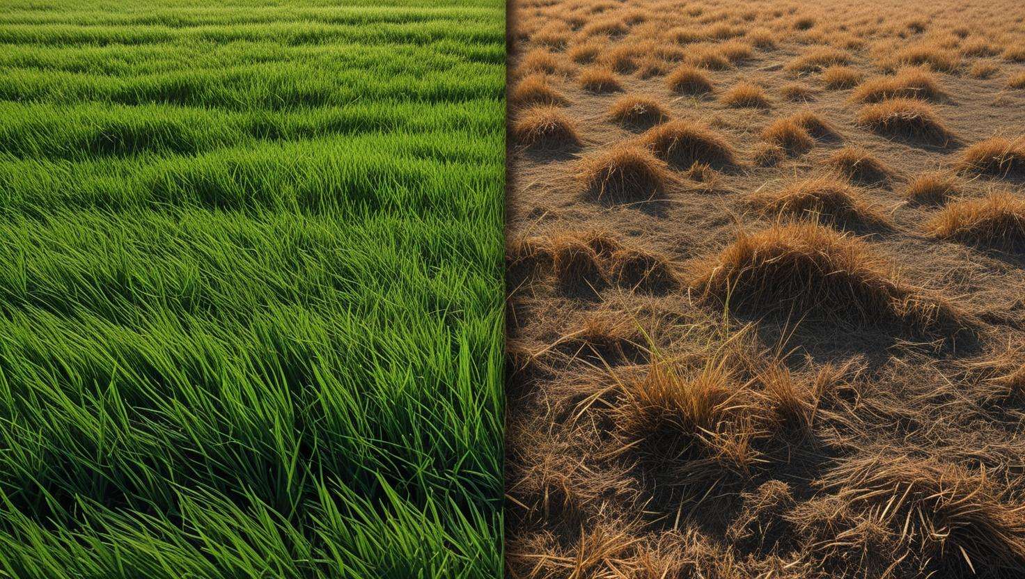 A section of grassland with over-fertilized grass showing signs of burn or yellowing, next to healthy grass.