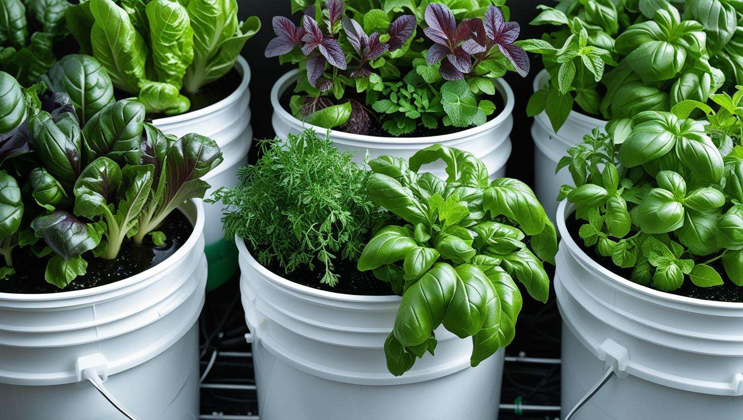  A beautifully flourishing hydroponic garden using the 5 hydroponic buckets kit, with a variety of plants (herbs, leafy greens, etc.) ready to be harvested.