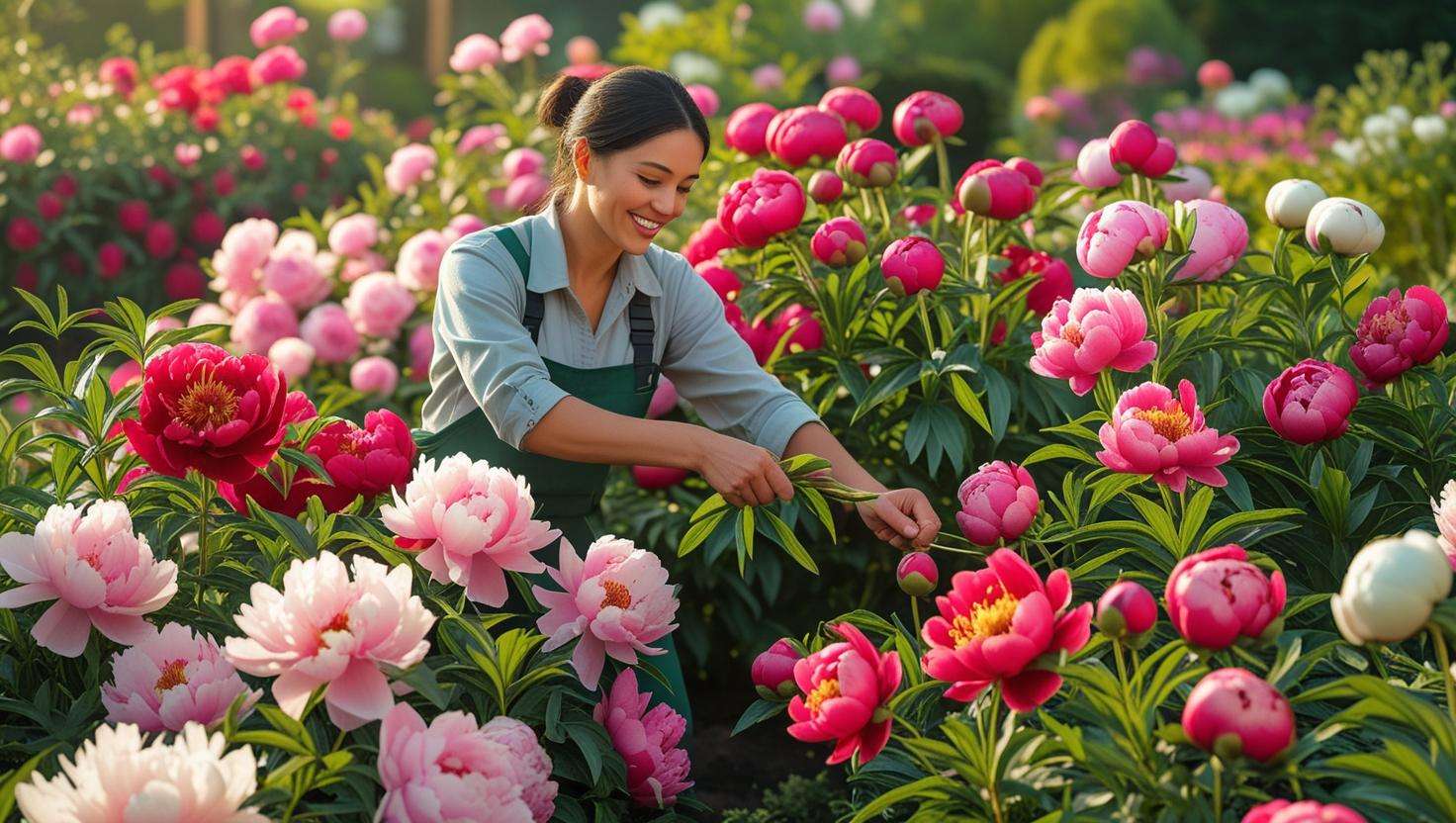A flourishing peony bed with a gardener proudly admiring their healthy plants. The image can include compost visibly applied around the plants