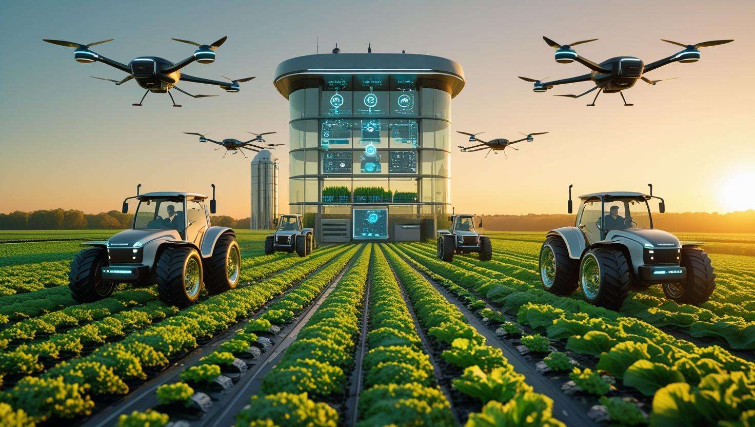 A futuristic farm with autonomous vehicles, drones, and AI-powered systems working in harmony.