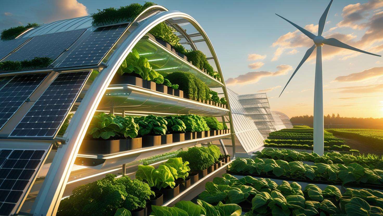 A futuristic greenhouse with vertical farming, smart solar panels, and hybrid renewable energy systems like wind and solar, showing the cutting-edge of agricultural technology.