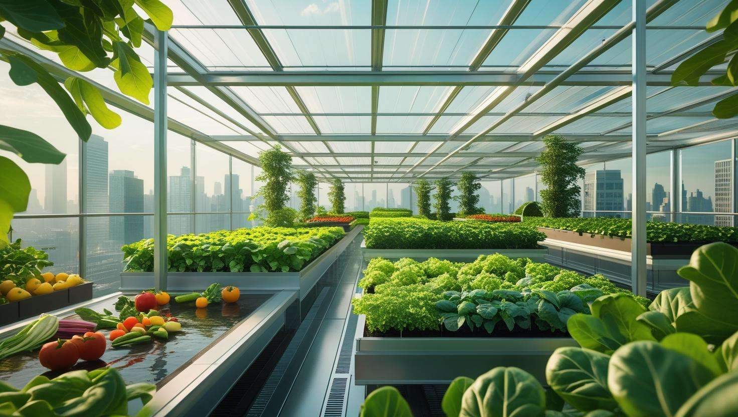 A futuristic urban greenhouse, possibly on a rooftop, showing vertical farming, solar panels, and automated systems.