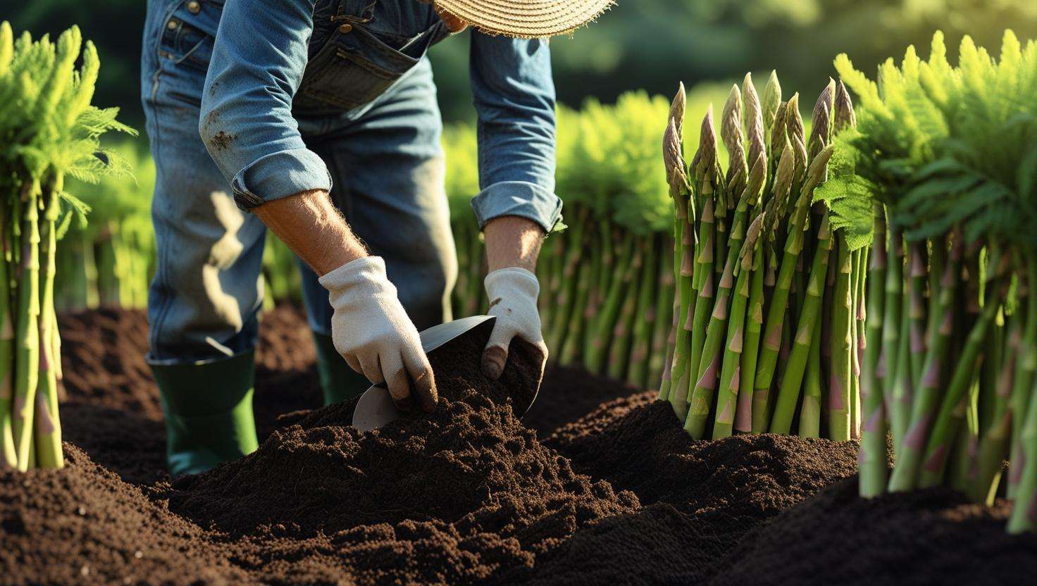  A gardener spreading a thin layer of compost around established asparagus plants, gently raking it into the soil.