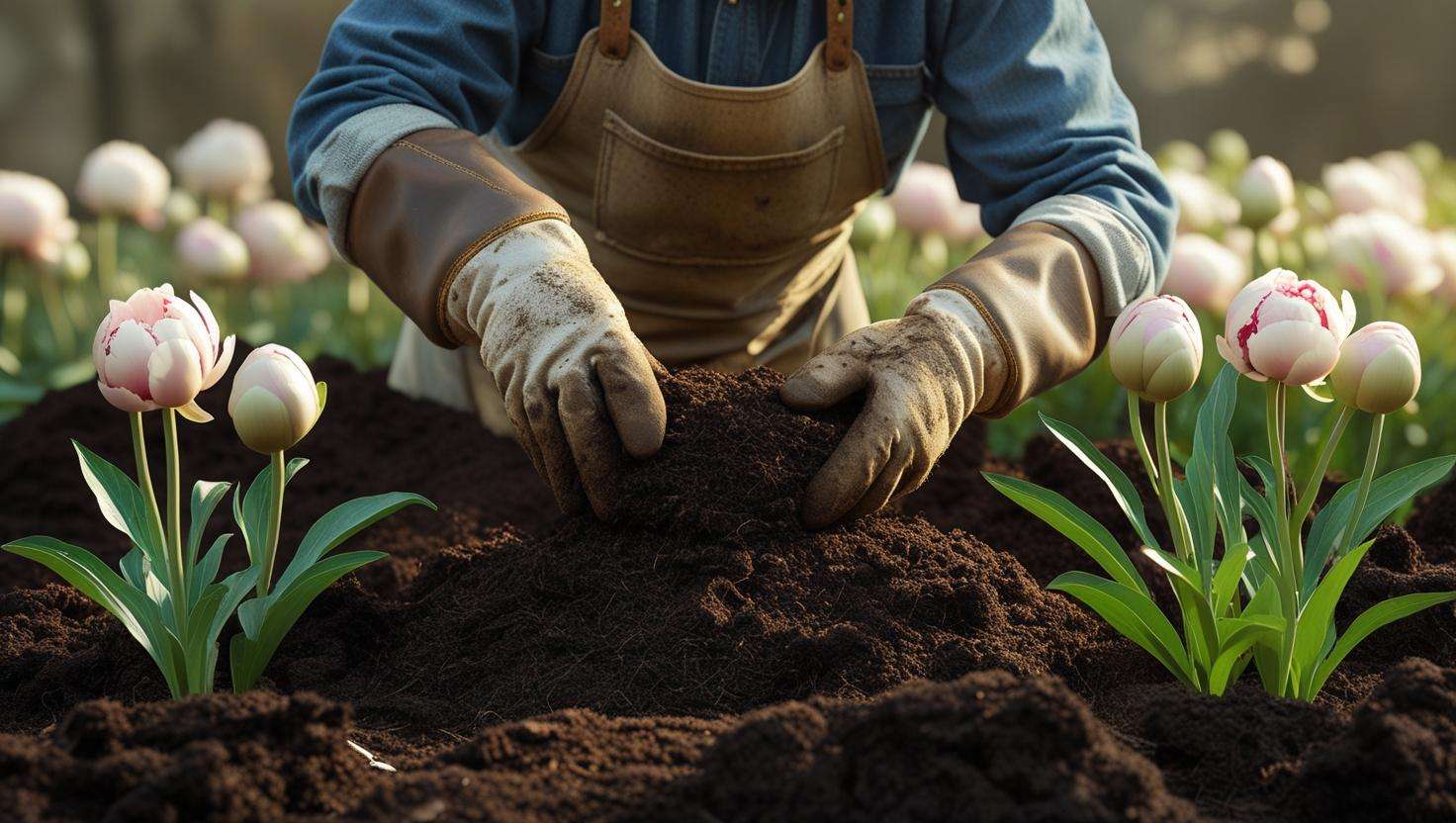  A gardener applying a light layer of compost to peonies in early spring, preparing them for the growing season.