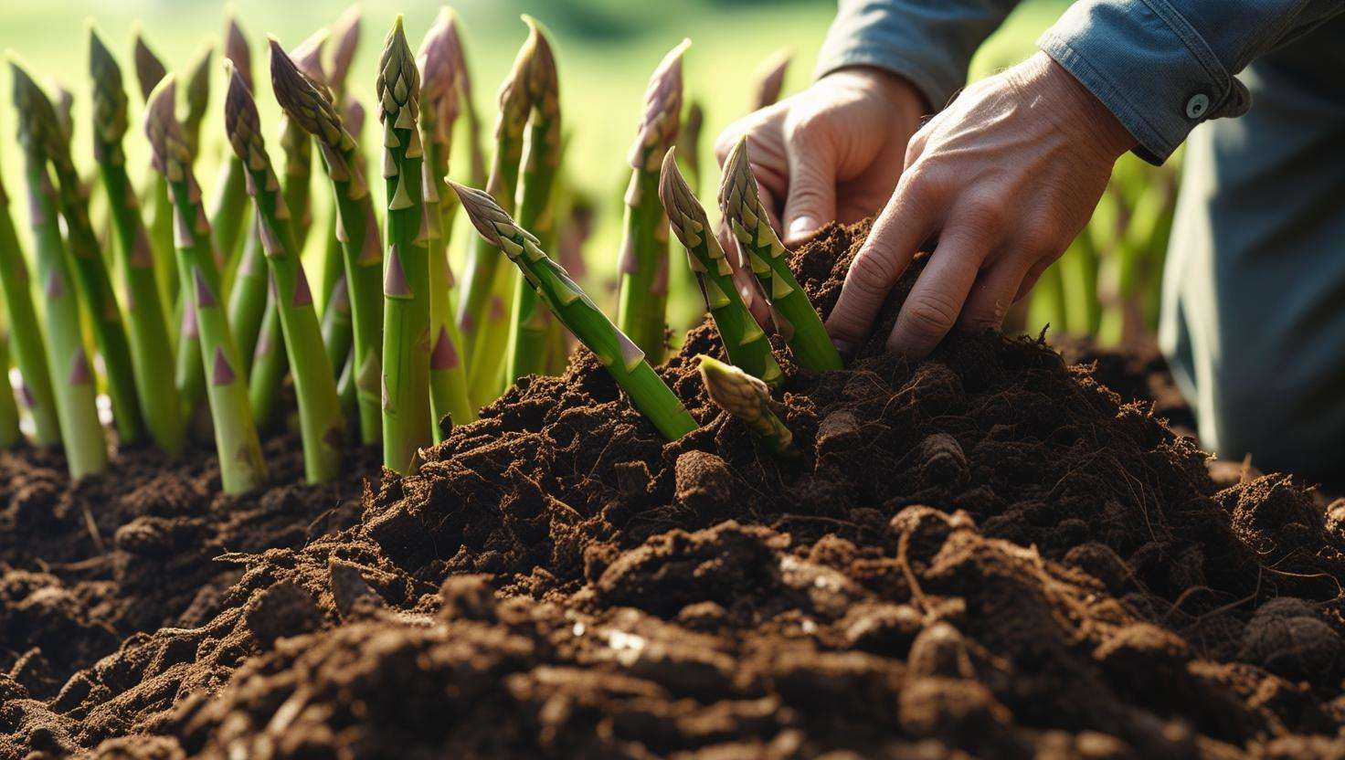  A close-up of asparagus crowns with compost being applied correctly around the base, showing the correct method.