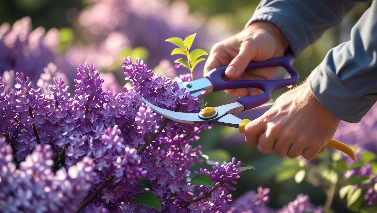 Gardener pruning a purple-flowering shrub like lavender or lilac, demonstrating proper shrub care and maintenance