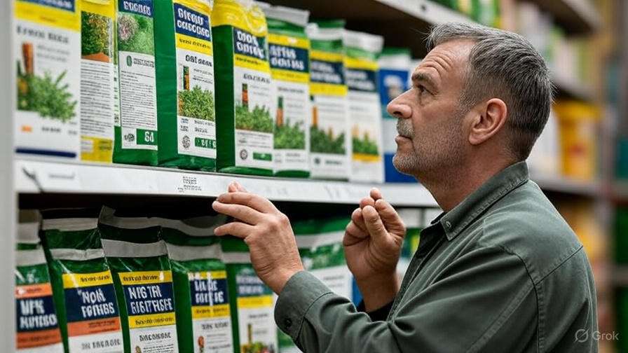 A gardener choosing between different fertilizer options in a gardening store, with a close-up on NPK ratios on the product labels.