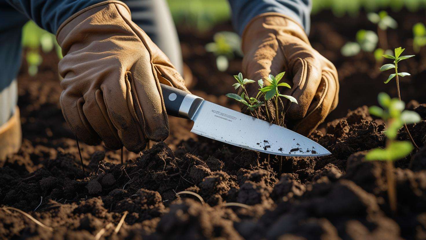 Gardener using a gardening knife to remove weeds from the soil with precision and safety