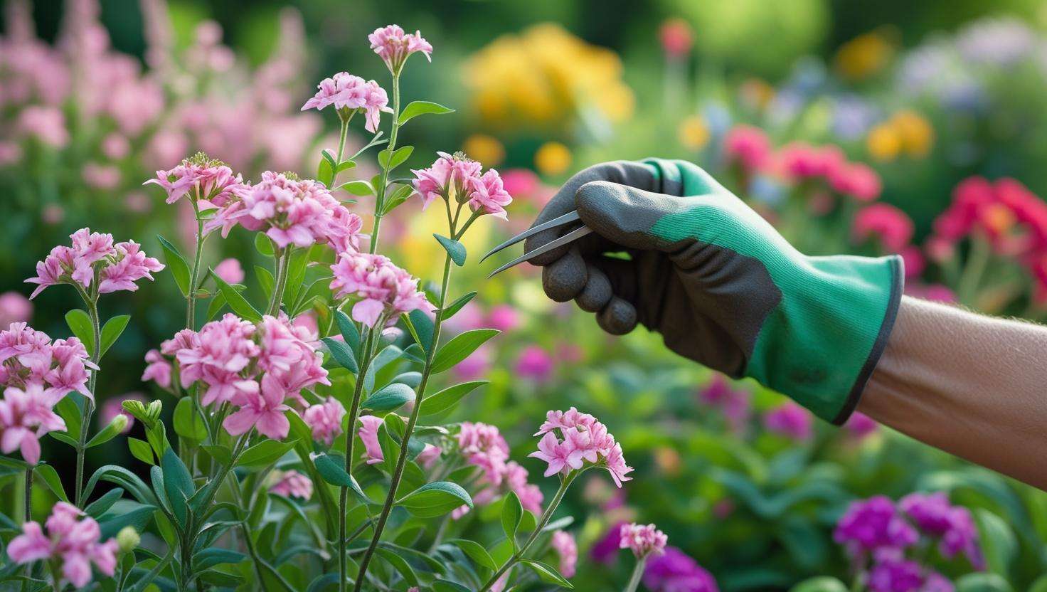 A gardener inspecting pink wildflowers for common issues like yellowing leaves or pests, with a healthy garden background