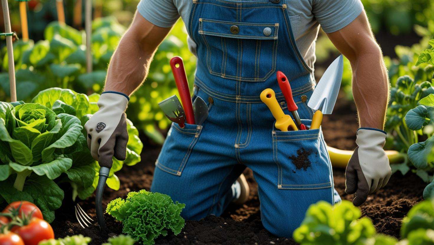 Gardener kneeling in a vegetable garden wearing comfortable gardening overalls with tools in the pockets, highlighting their flexibility and protection