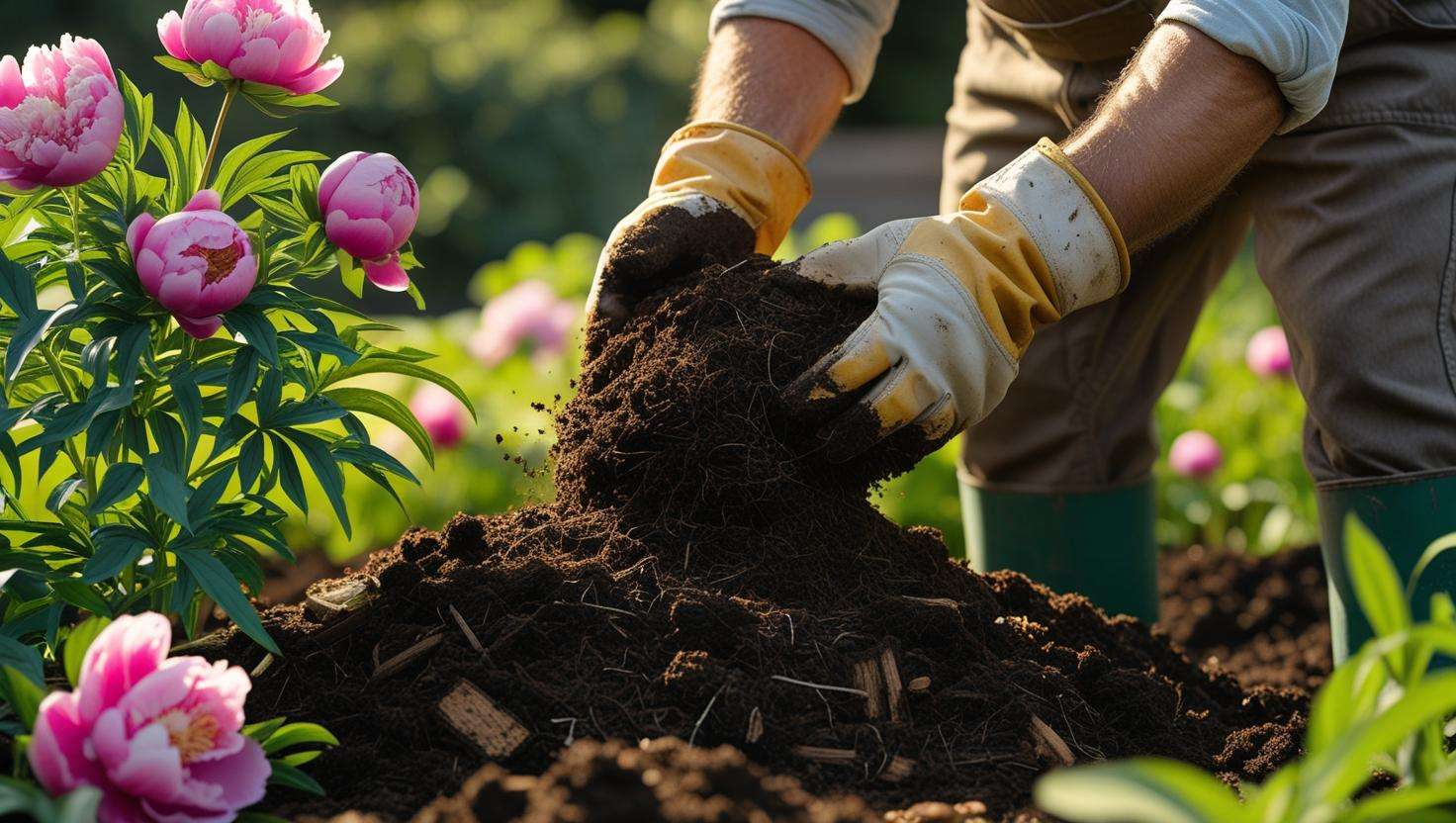 A gardener mixing compost into the soil with a shovel, working around the base of a peony plant.