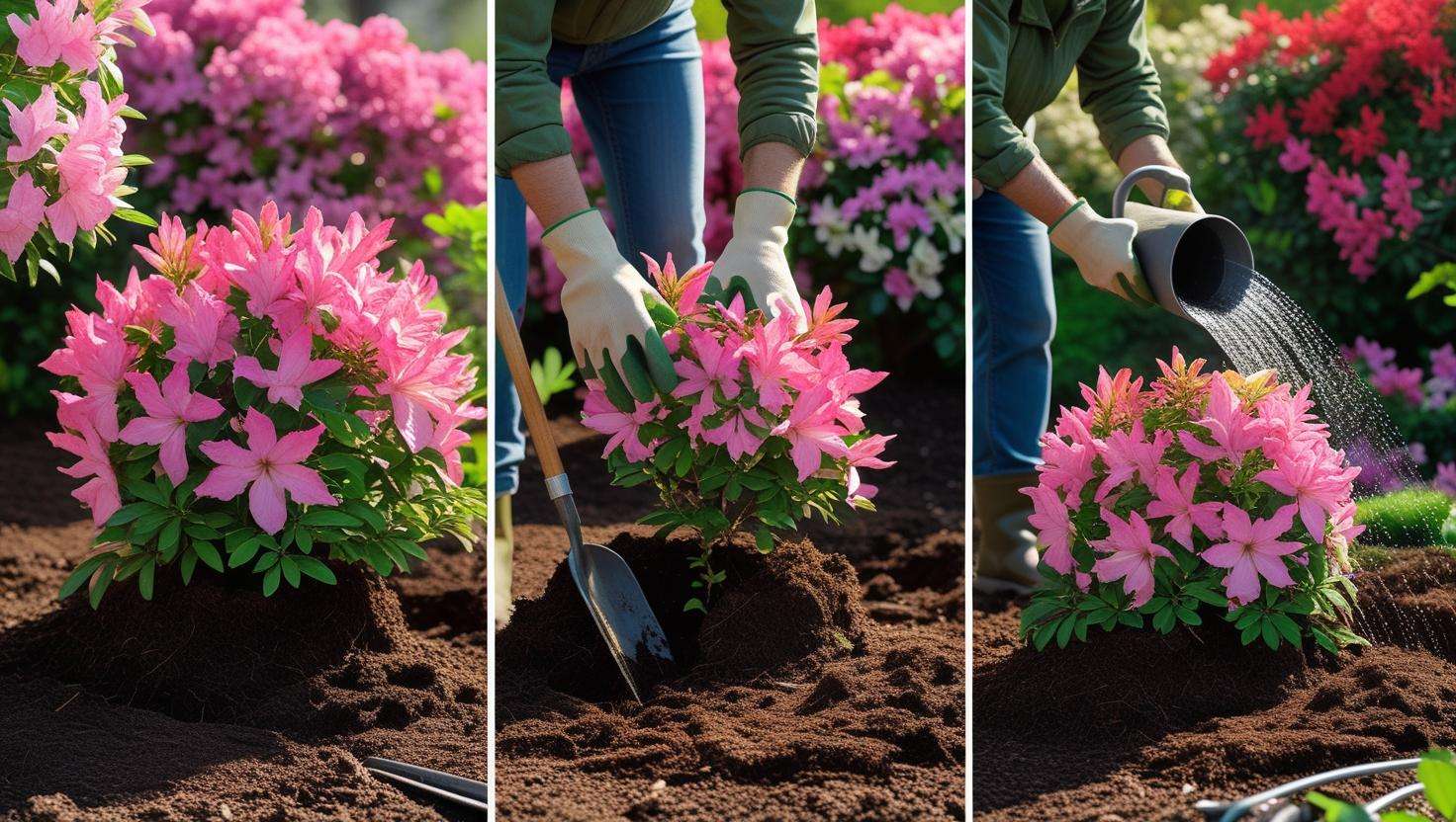 Gardener planting a flowering shrub in full sun with tools, healthy soil, and blooming shrubs in the background