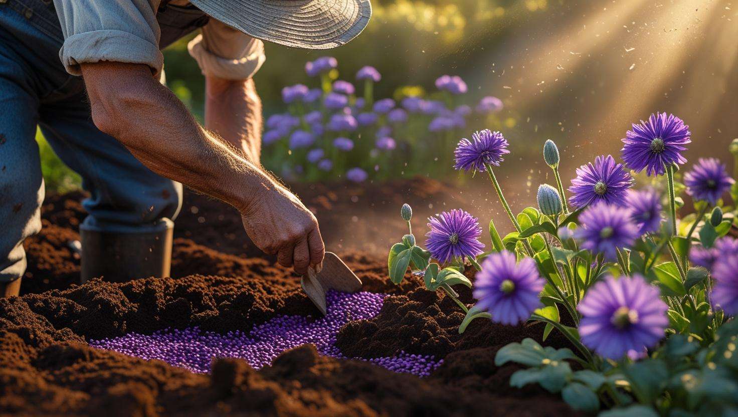 A gardener planting purple wildflower seeds in a sunny garden bed with vibrant flowers growing nearby