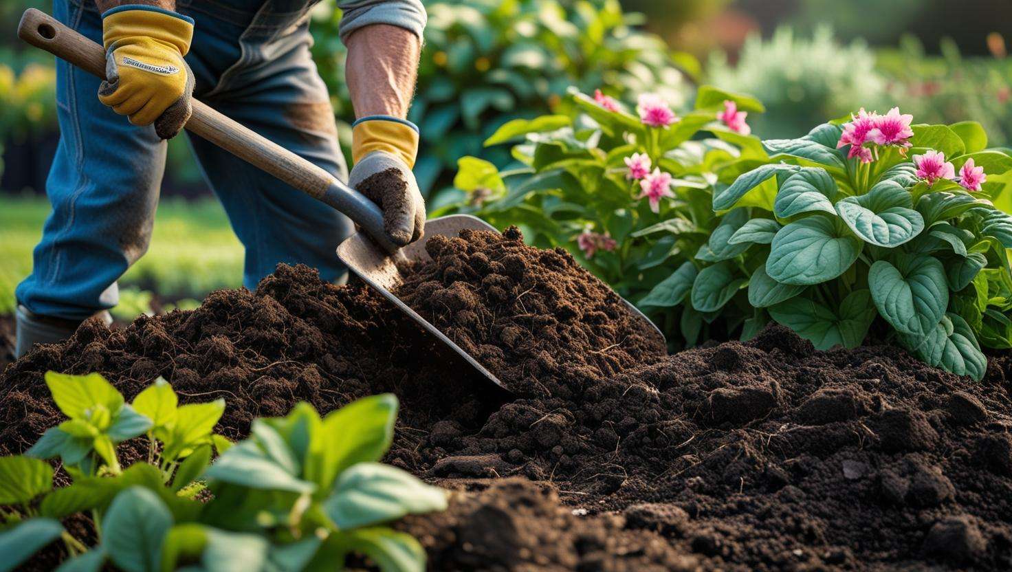  A gardener mixing compost into garden soil with a shovel, showing improved soil structure.