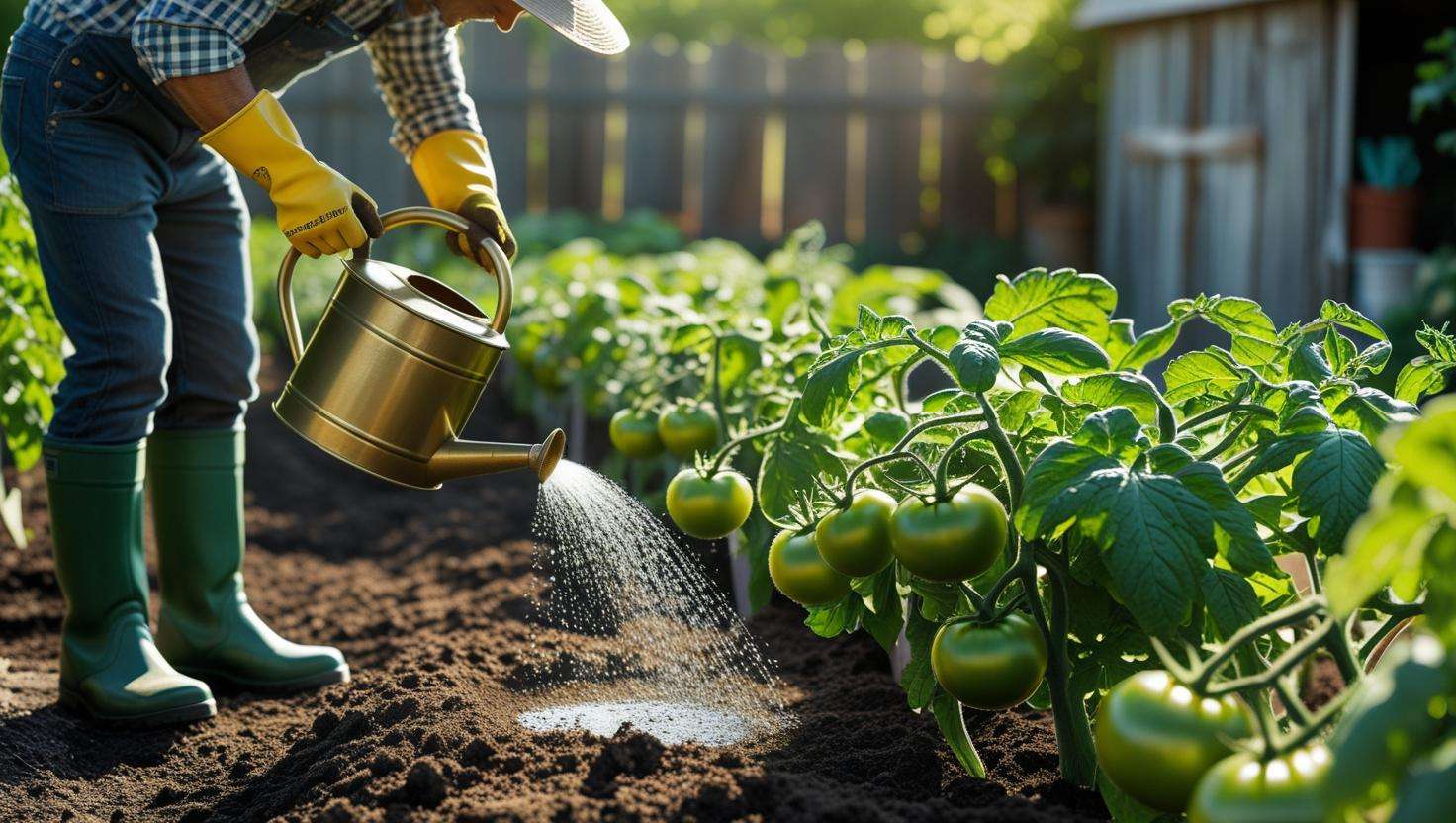 A gardener applying liquid nitrogen fertilizer to plants with a watering can or a hose attachment.
