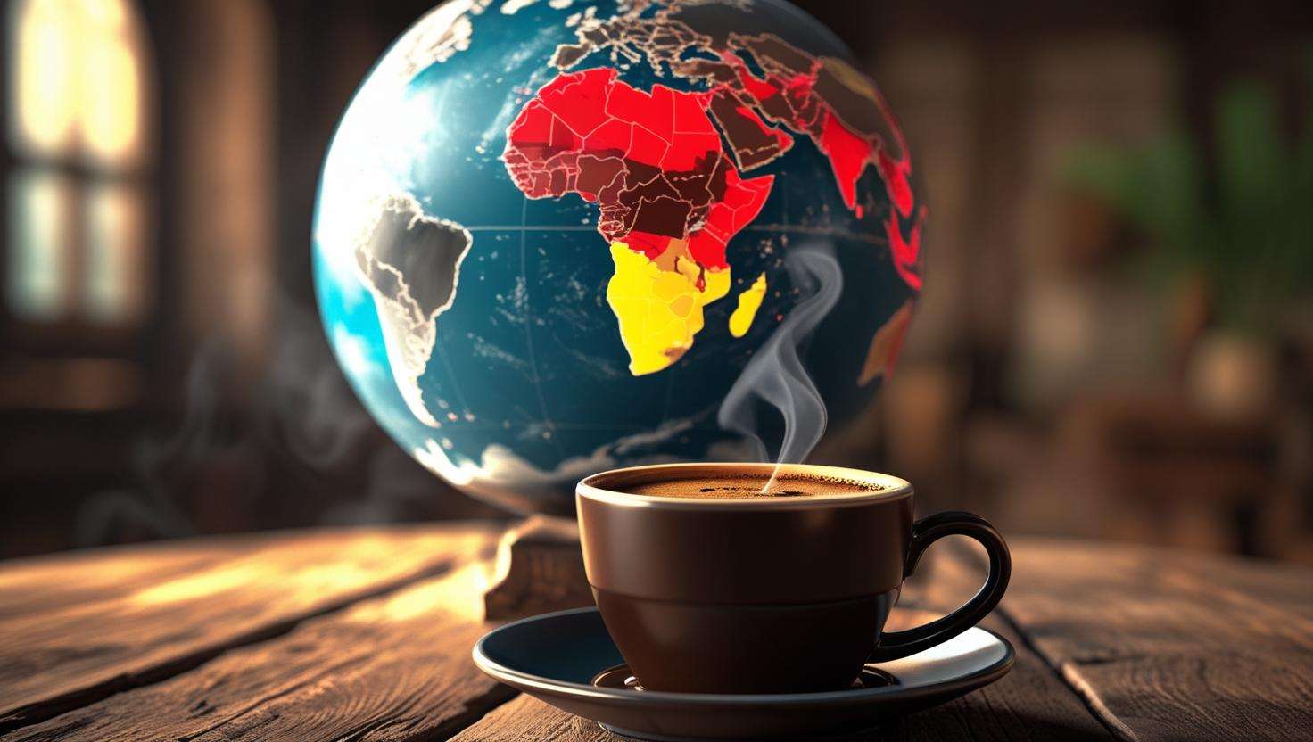 Globe with highlighted regions impacted by climate change and a cup of coffee in the foreground.