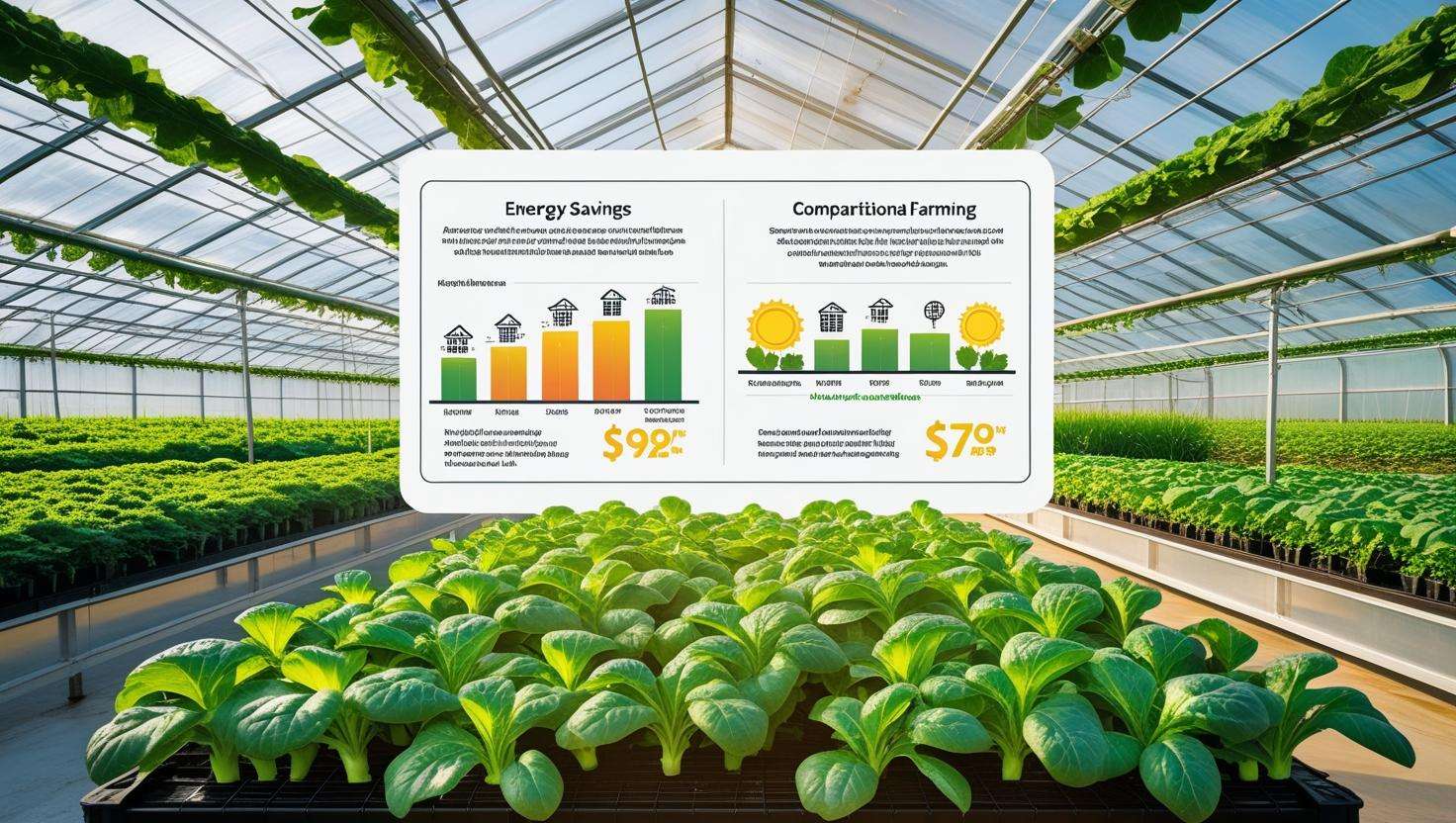A greenhouse farm in action, with solar panels visibly reducing energy costs and powering essential systems. The image could show graphs or icons indicating cost savings, sustainability, and energy independence.