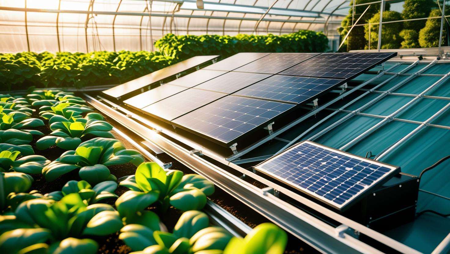 A greenhouse farm with visible solar panel installations and a small section dedicated to solar battery storage, illustrating the challenges and solutions in solar adoption.
