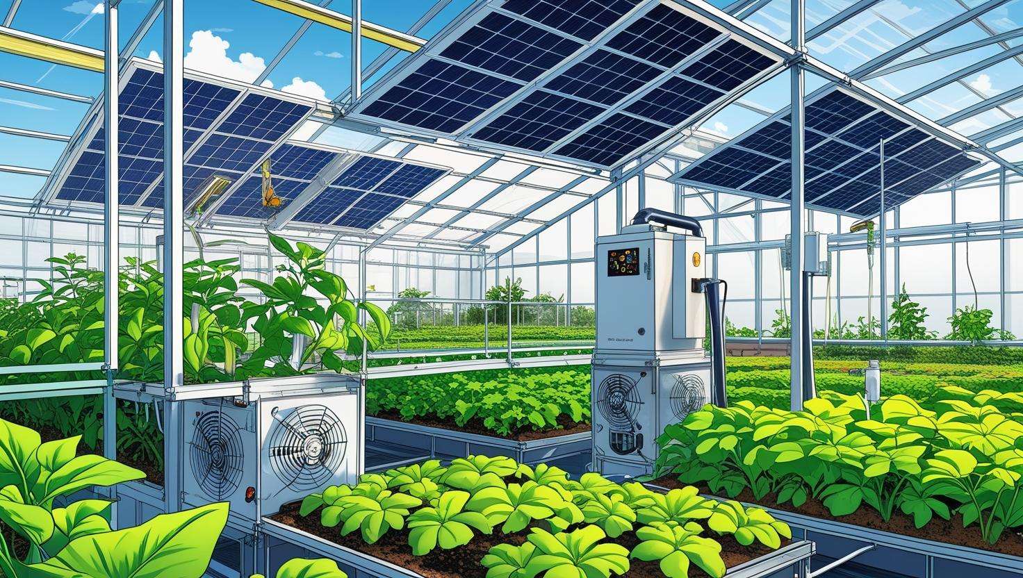 A greenhouse powered by solar panels, showing climate control systems and solar-powered irrigation systems in action.