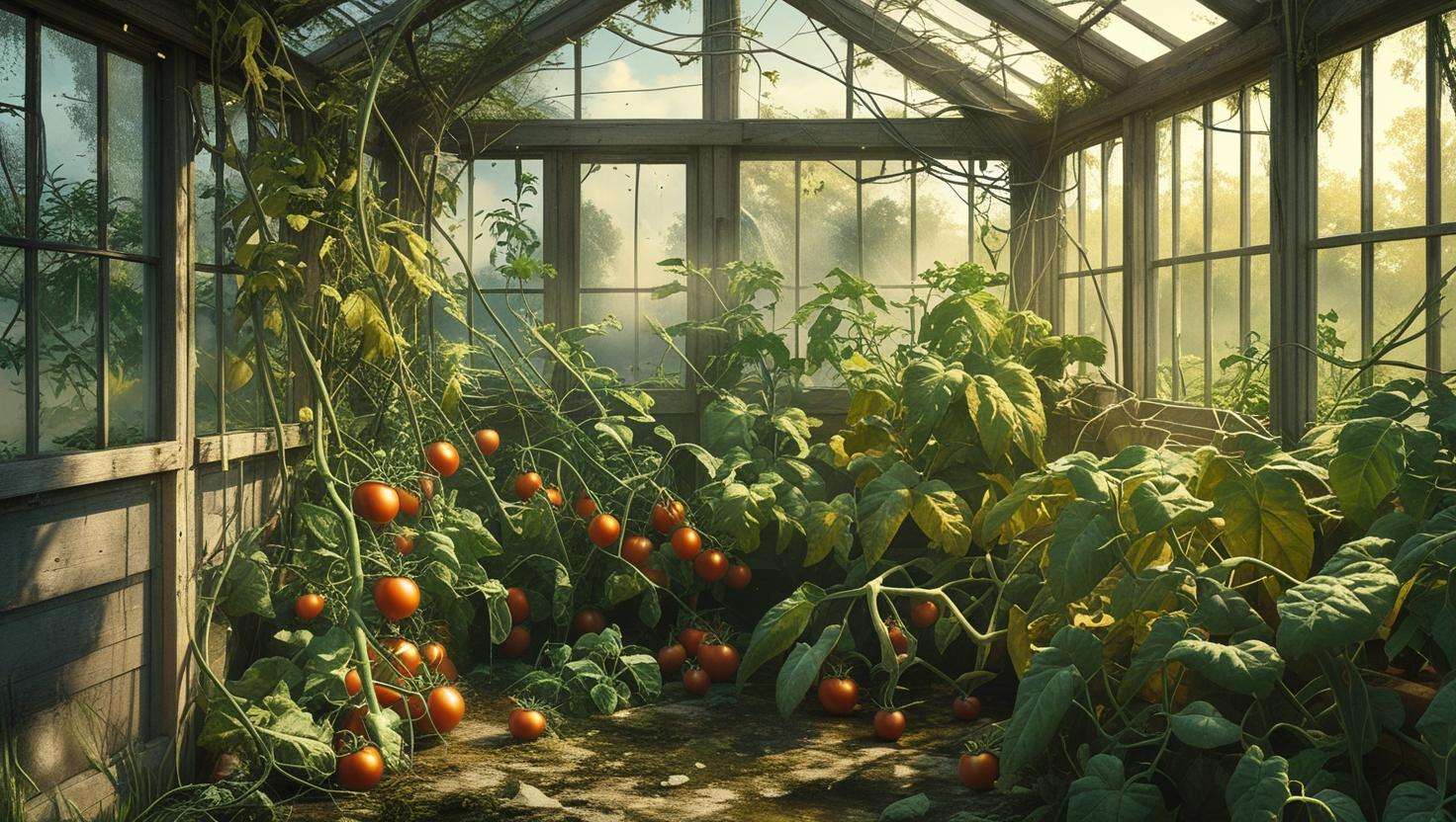  A greenhouse shed with poor ventilation, overcrowded plants, and visible damage or leaks.