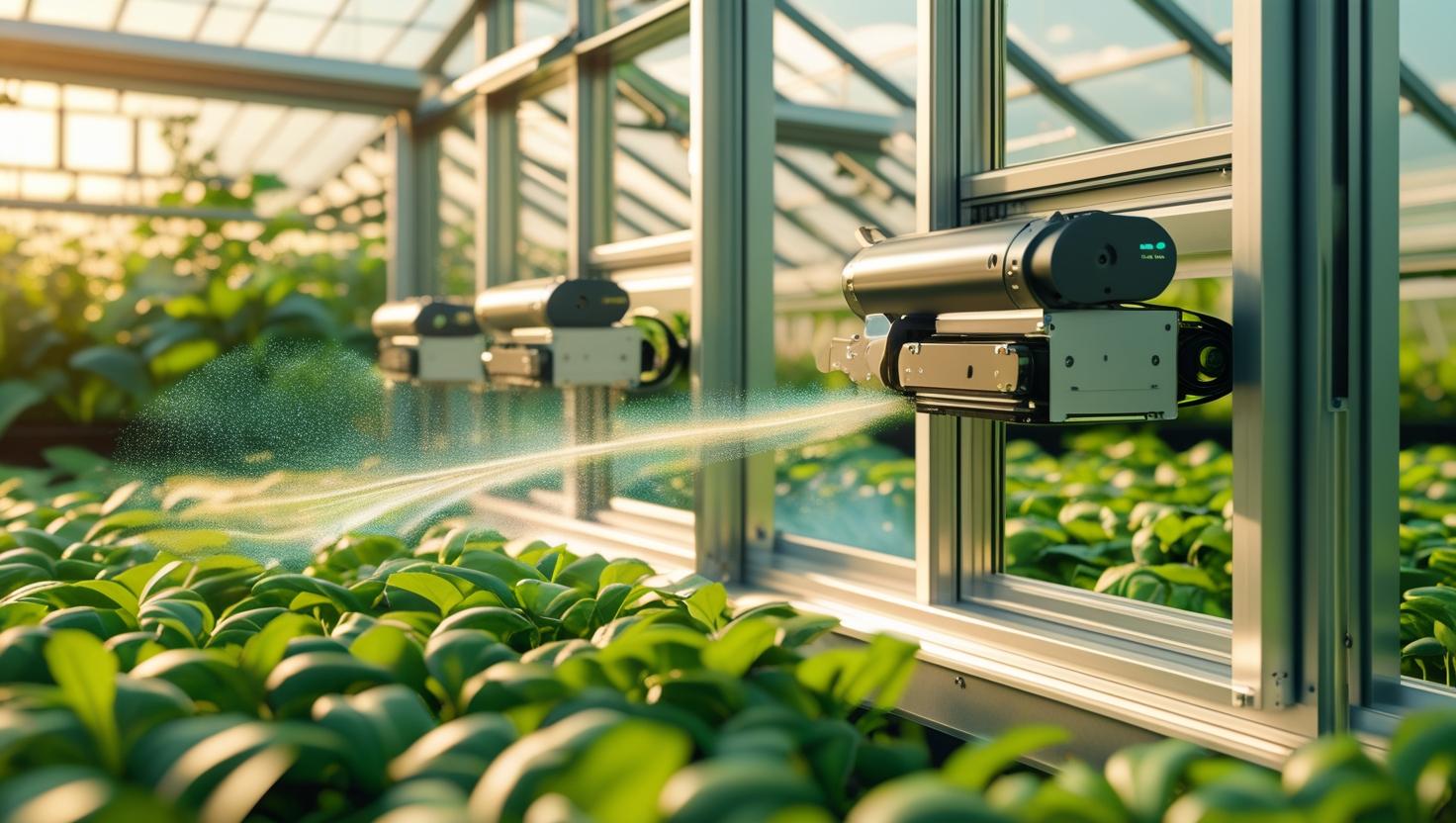 A greenhouse with automated windows opening based on temperature, showing the mechanism and airflow.