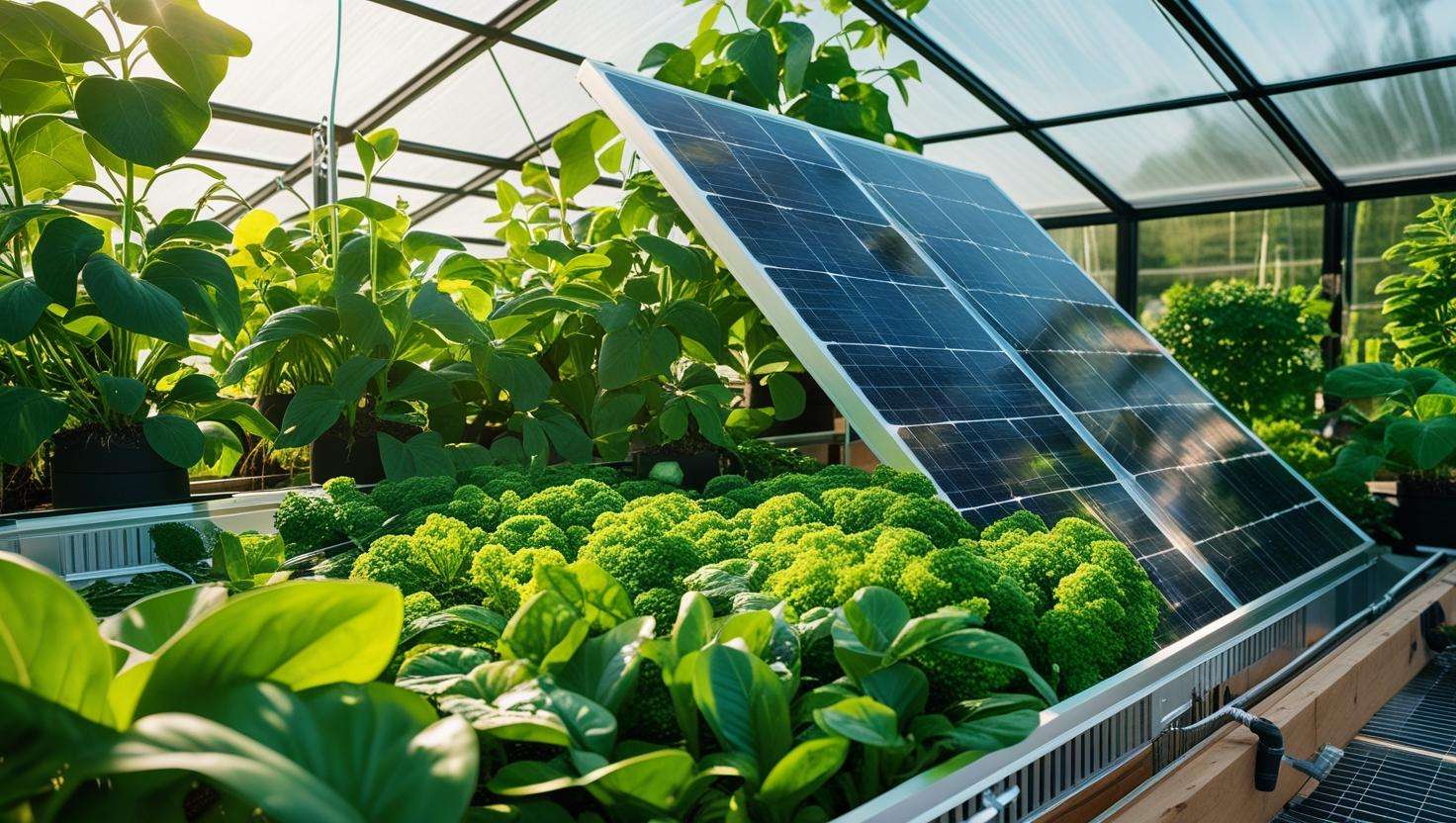A greenhouse with solar panels installed on the roof, illustrating solar-powered systems for heating, cooling, and lighting.