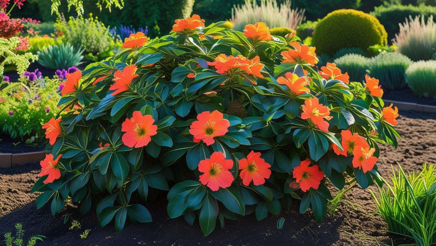 Healthy flowering shrub in sun with vibrant blooms, demonstrating successful plant care and growth