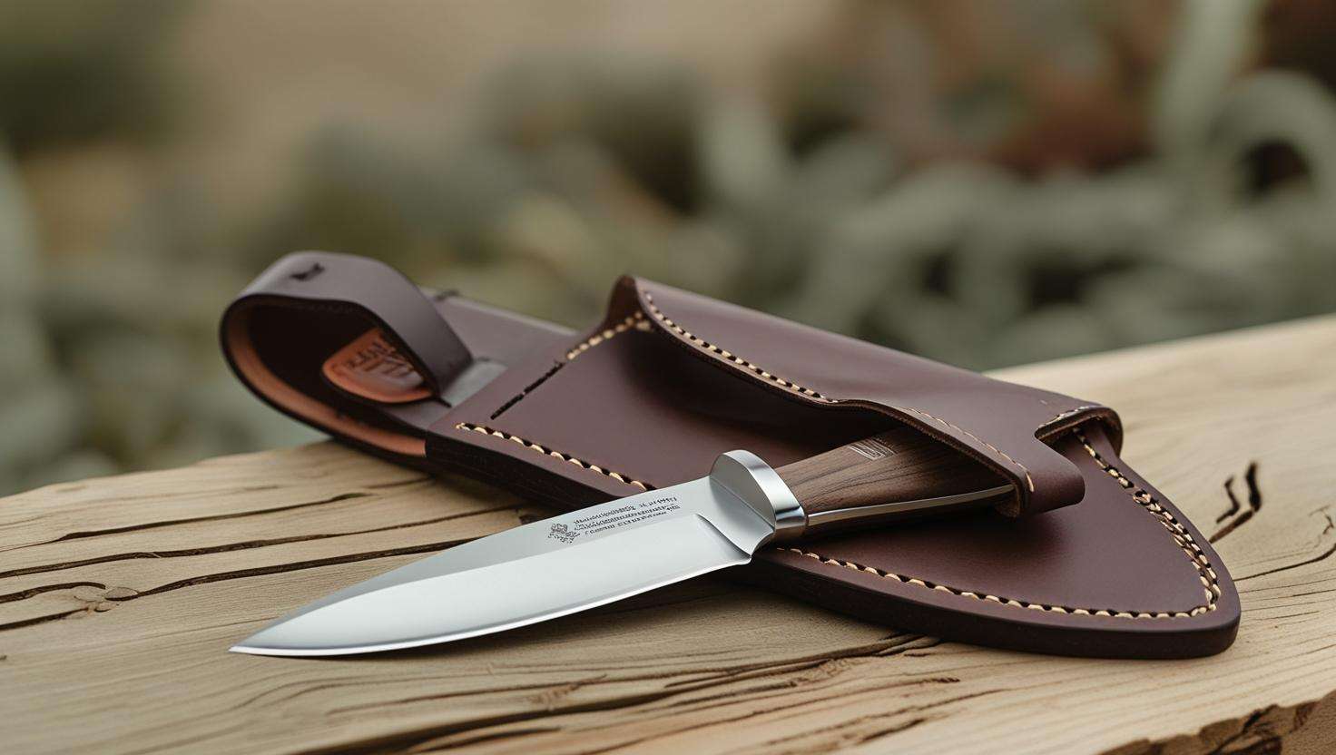 High-quality gardening knife with protective sheath placed on a wooden surface for safe storage