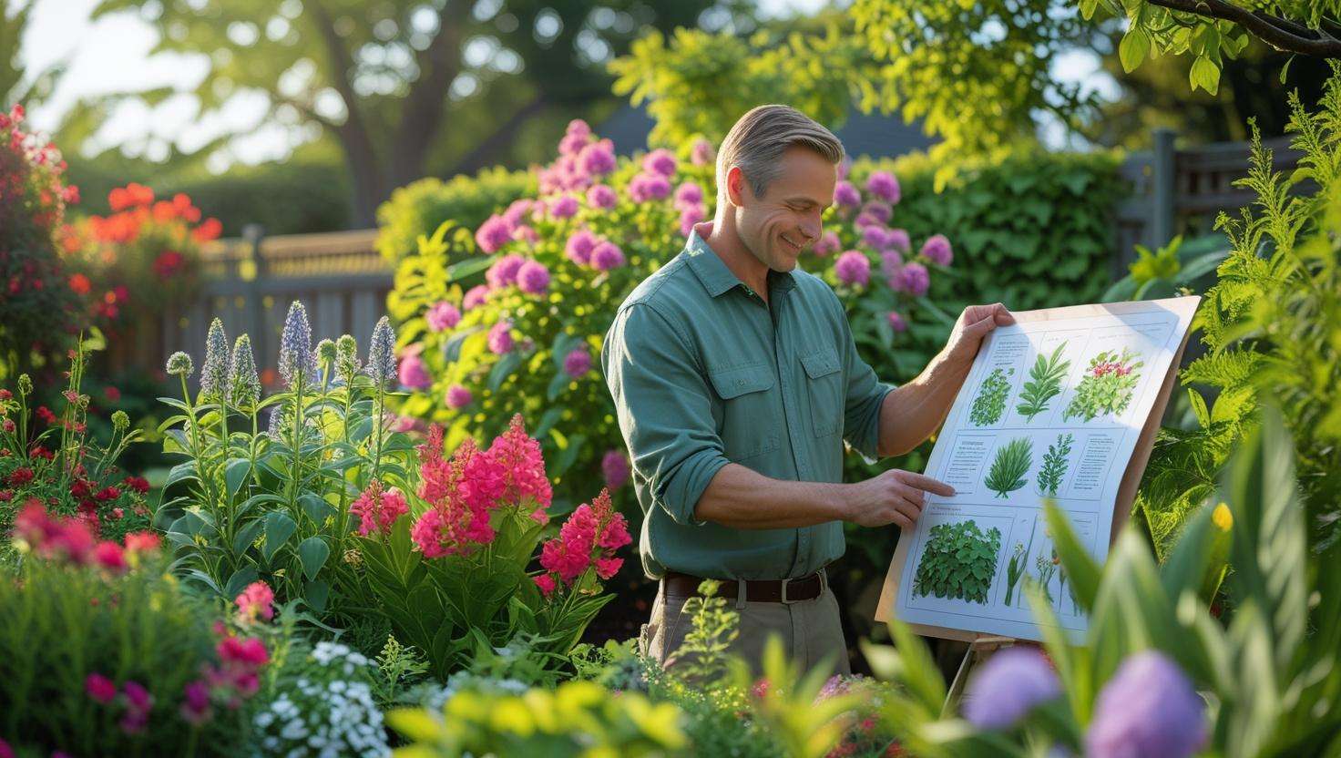 Homeowner consulting with a professional gardener about garden design plans, with lush plants and garden features in the background in a professional and inviting setting.