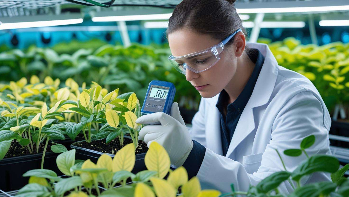 An image showing a hydroponic grower inspecting plants with yellowing leaves, using a pH meter and a TDS meter to diagnose the problem.