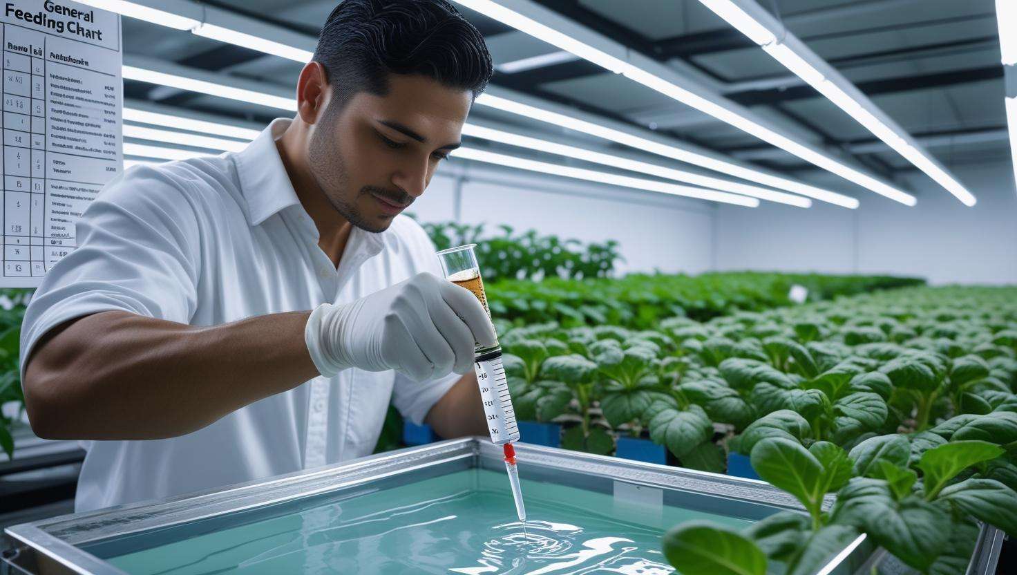  An image showing a hydroponic grower measuring nutrients and adding them to a water reservoir, referencing the General Hydroponics Feeding Chart.